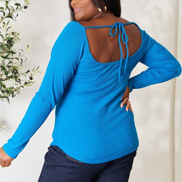 NEW Culture Code PLUS + REG Size Blue Ribbed Sweetheart Neck Tie Back Knit Top - Picture 7 of 9